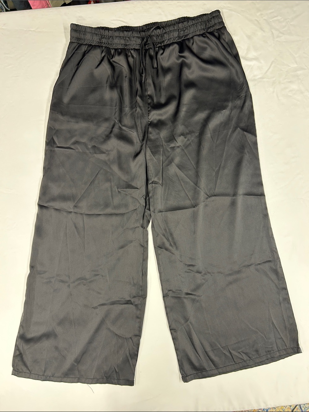 Black Wide-Leg Satin Drawstring Pants